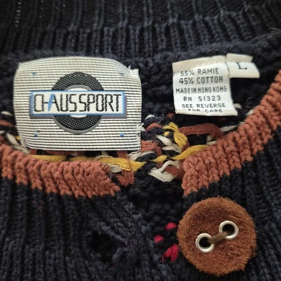 Vintage Chaussport Women Large Chunky Knit Cardigan Sweater Fair Isle Cable - Picture 6 of 9